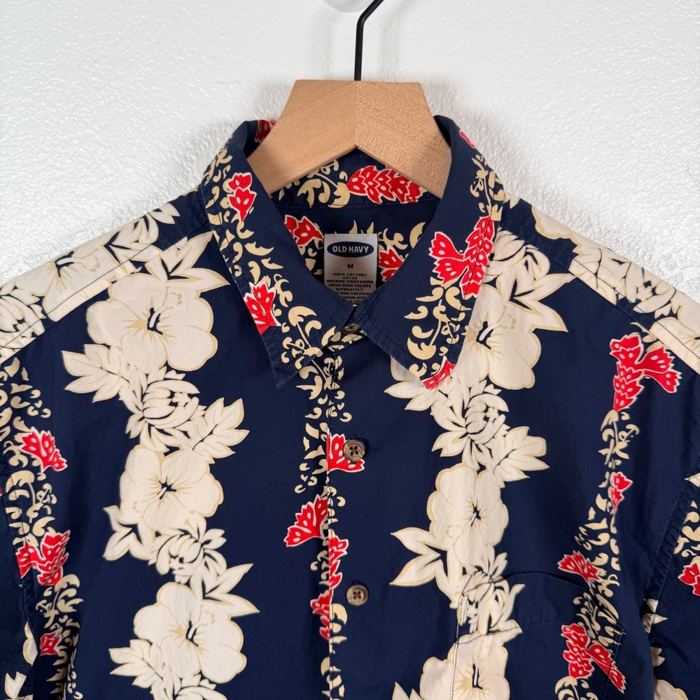 Old Navy Mens Floral Hawaiian Button Up Shirt Navy Blue Red M Vintage Y2K